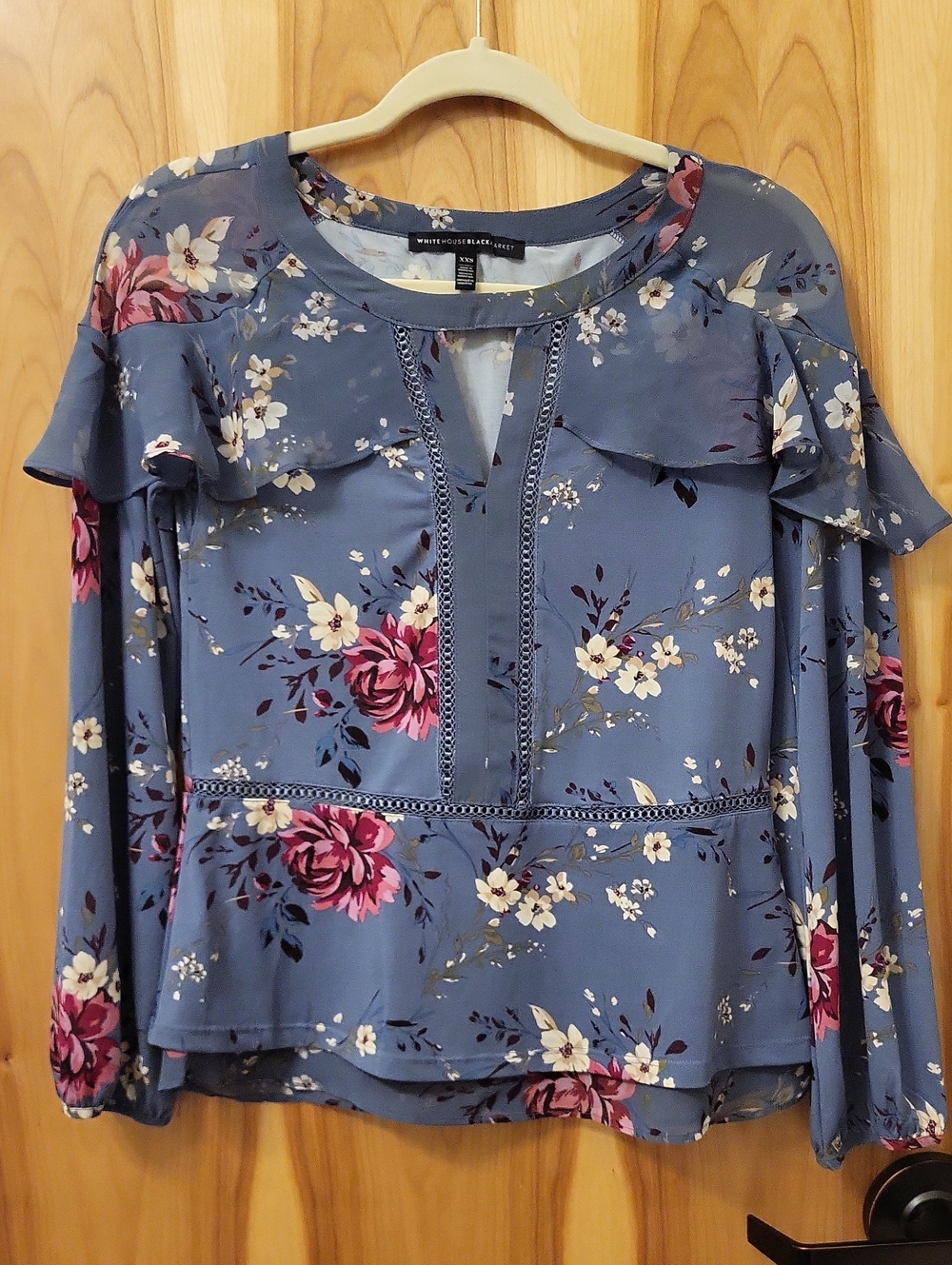 White House Black Market Blue Floral Ruffle Blouse